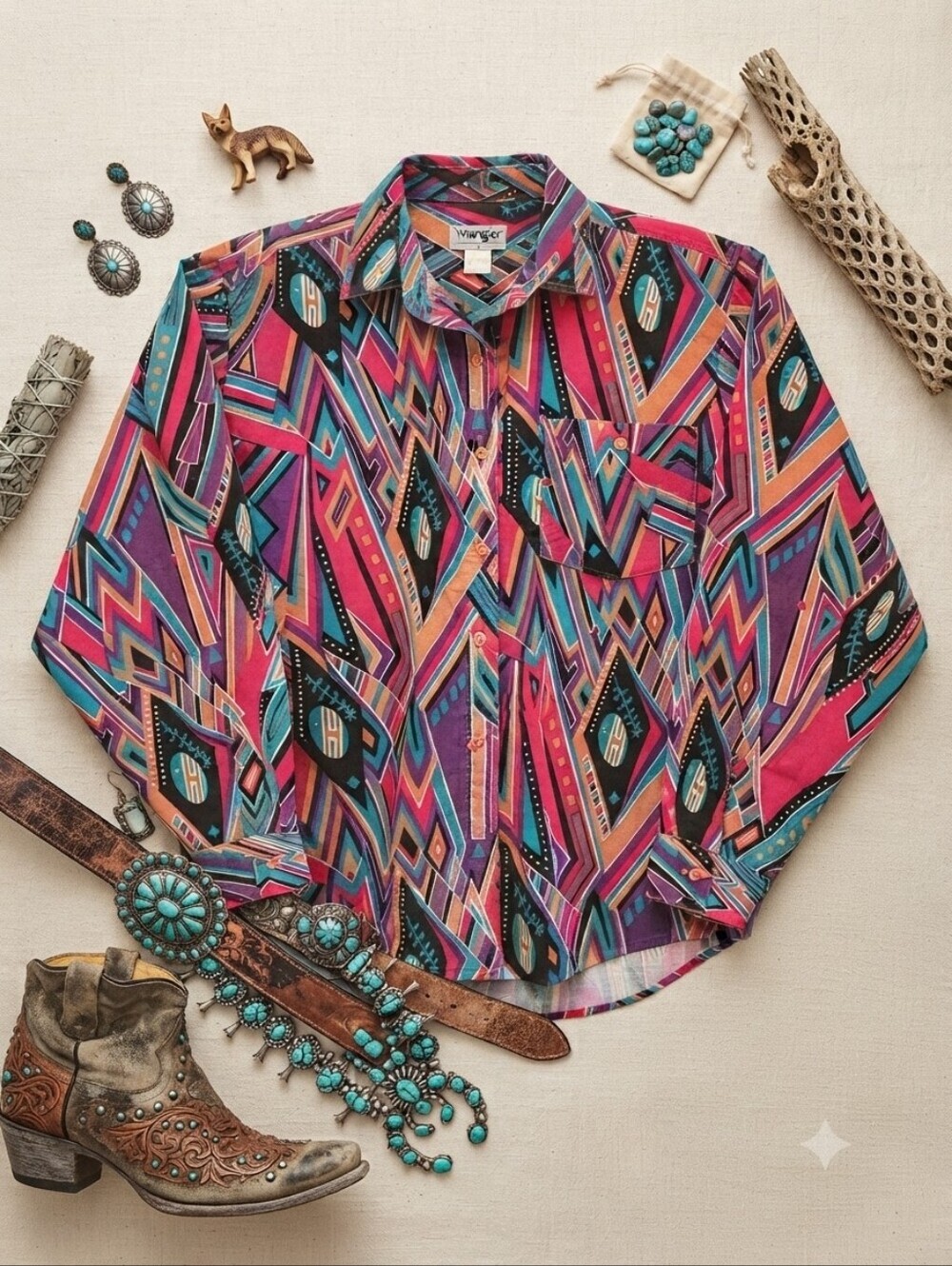 Vintage Wrangler Vibrant Colorful Geometric Western Button Up Long Sleeve Shirt